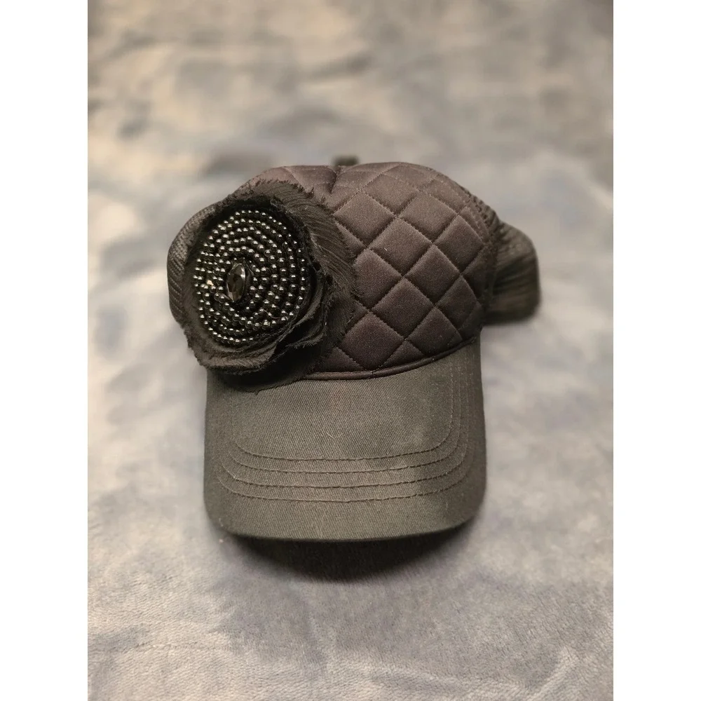 Black Quilted Beaded Flower Mesh Snapback Trucker Hat HG RN129231 One Size